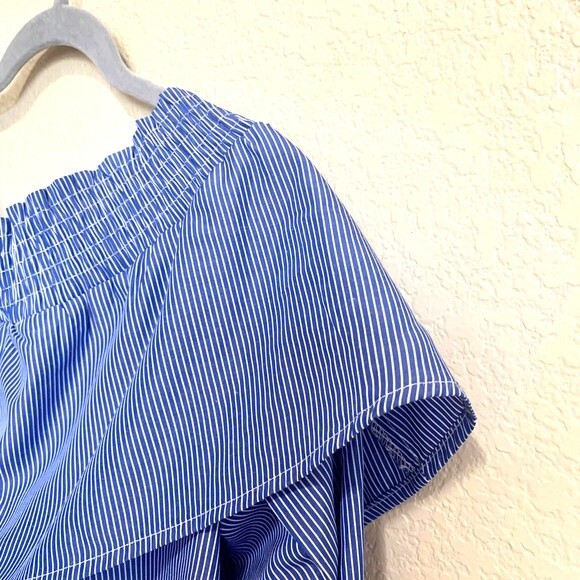 Boohoo top Blue striped Bardot crop top cuffed sleeve size 8 - Picture 3 of 11